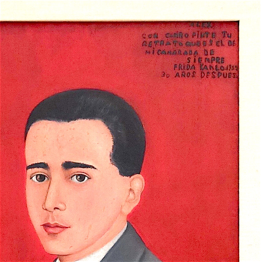 フリーダ・カーロ「アレハンドロ・ゴメス・アリアスの肖像画」 木材に油彩、61.5 x 41 センチ、部分、1928年　（色は明るく）